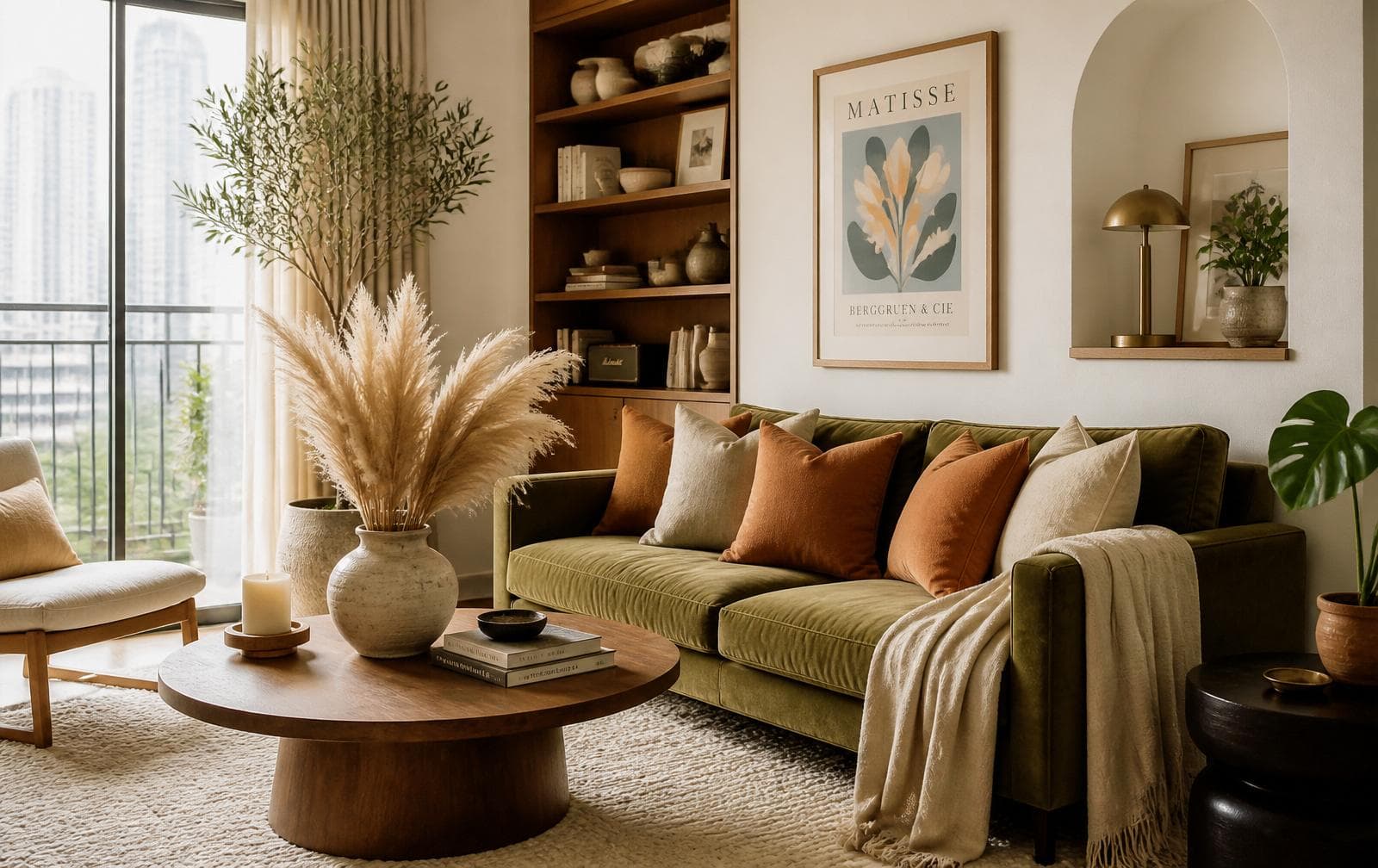 A calm Cozy Nest living room with olive sofa and warm daylight